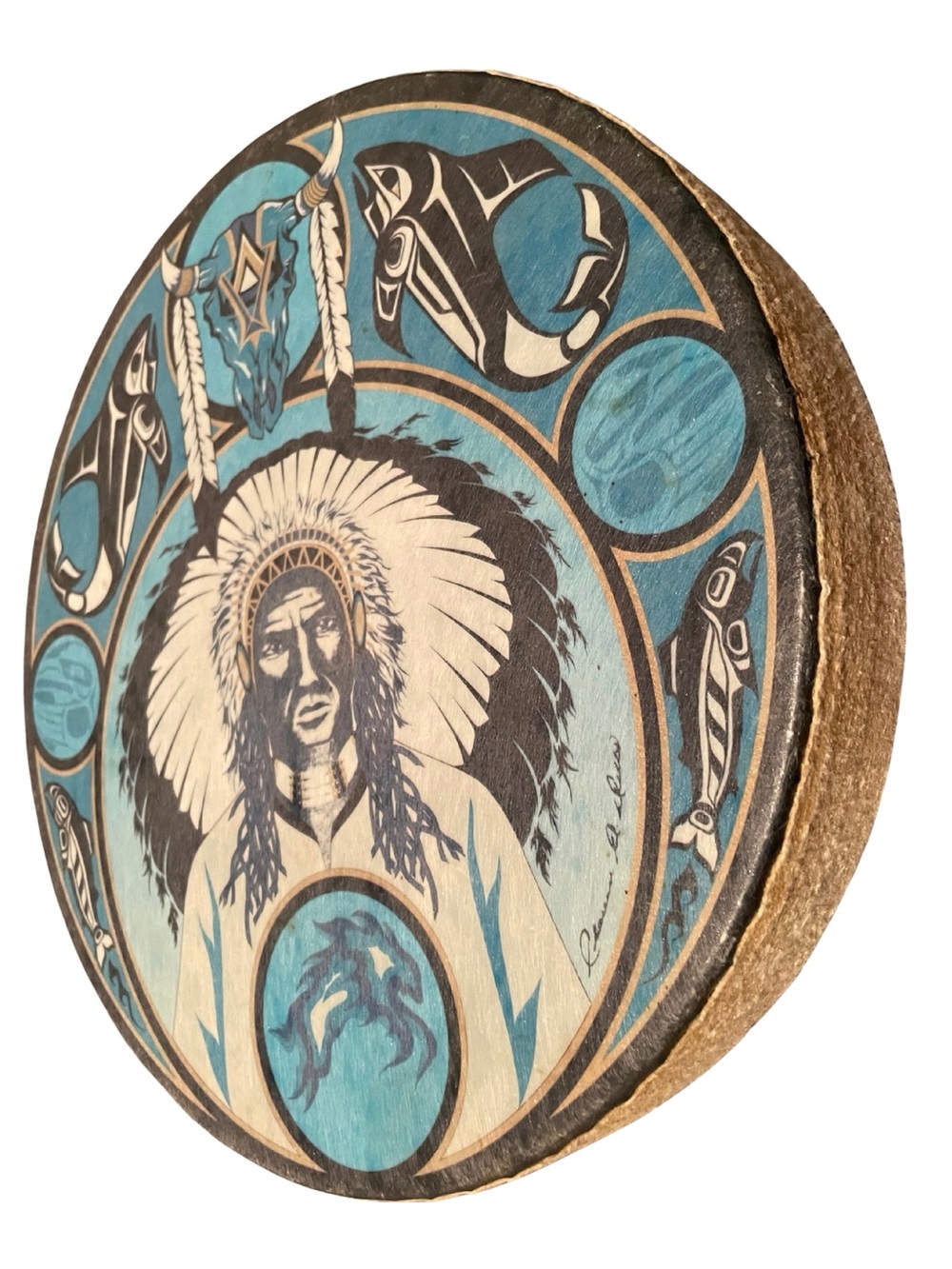 Rare Clarence A. Wells First Nations 11” Hand Drum, Signed